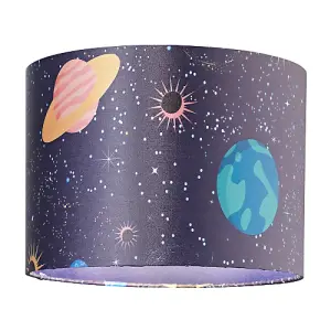 Colourful Universe Themed Lampshade in Navy Blue with Planets, Suns and Stars