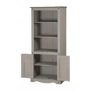 Mercers Furniture Corona Grey Wax 2 Door Bookcase 3 Shelf Display Cabinet Solid Pine with Mexican Styling