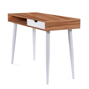 Nautilus Designs Walnut Computer Desk with White Legs, Drawer & Open Storage Compartment