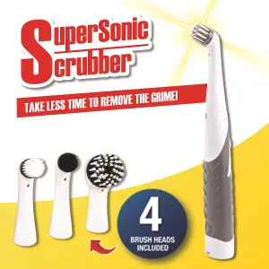 Super Sonic Scrubber - Battery Powered Bathroom or Kitchen Cleaning Tool with 4 Brush Heads for All Surfaces - L31 x 4.5cm Dia