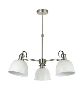 nielsen Langley 3 Light Industrial Chandelier, Matt White and Satin Nickel Finish, 50cm Wide