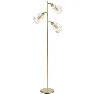 HOMCOM Industrial Steel Birdcage Floor Lamp w/ 3 Lights Round Base Switch Gold