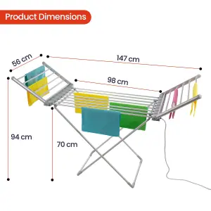 Indoor Electric Heated Clothes Airer Laundry Clothes Dryer Foldable Winged Rails