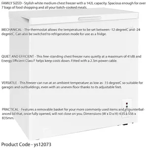 142L Quiet Freestanding Chest Freezer with Adjustable Temperature from -12 to -24 Degrees