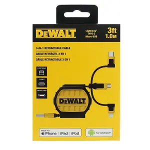 Dewalt Retractable 3ft Apple Android Charger Multi Cable USB Lightenin g Type C