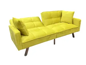 Sofa Bed 2 Seater Yellow Velvet Click Clack Sofa Settee Recliner Couch with Metal Legs with 2 Pillows