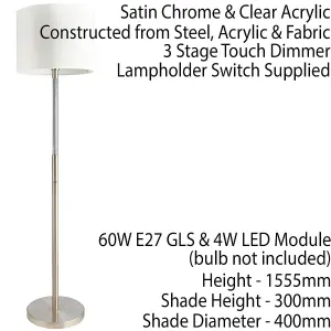 1.5m Tall Floor Lamp Satin Chrome & Shade LED Stem Standing Living Room Light