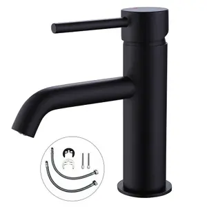 Matt Black Round Cloakroom Basin Mixer Tap Sink Mono Bathroom + Flexi Tails