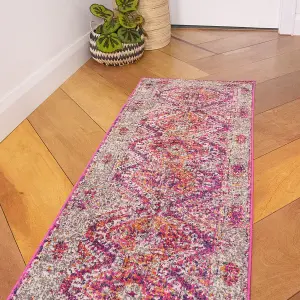 Pink Grey Bordered Geometric Distressed Runner Rug 60x240cm