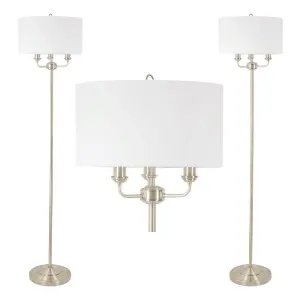 First Choice Lighting Pair of 3 Light Antique Brass Floor Standard Light with Light Cream Fabric Shade