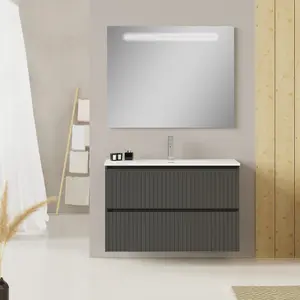 Banyetti Linea Matt Grey Ribbed Double Drawer Wall Hung Vanity Unit 1000mm x 390mm