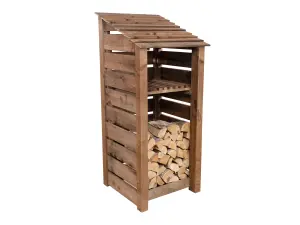 Slatted wooden log store with kindling shelf W-99cm, H-180cm, D-88cm - brown finish