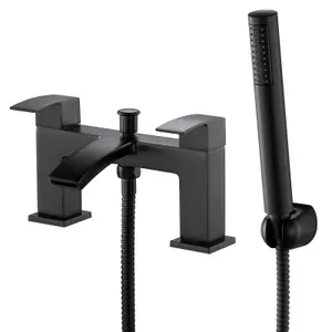 Matte Black Square Waterfall Bathroom Taps, BATHWEST Bathroom Sink Taps with Shower Attachment, Brass Bath Taps with Shower