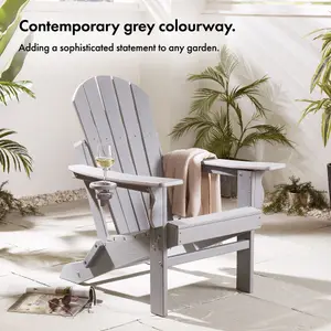 VonHaus Set of 2 Grey Folding Adirondack Chairs, Foldable Fire Pit Chairs for Garden, Waterproof HDPE Slatted