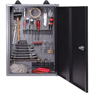 Black 1 Door Metal Wall Mounted Key Lockable Pegboard Tool Organizer Cabinet 42 x 60 cm