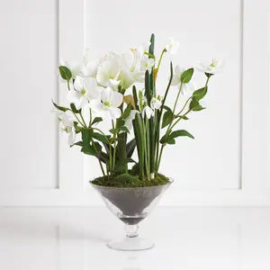 Bloom Artificial White Amaryllis Plant Arrangement in Vase - Faux Fake Realistic Houseplant Floral Home Decoration - H50cm x W35cm