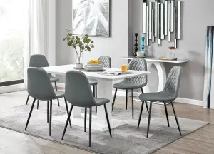 Imperia White High Gloss 6 Seater Dining Table with Structural 2 Plinth Column Legs 6 Grey Faux Leather Silver Leg Corona Chairs