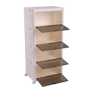 4 Tiers White Thicken Stackable Foldable Plastic Closet Shoe Storage Box with Wheels