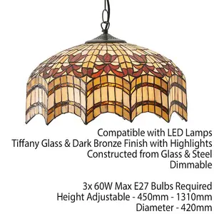 Tiffany Glass Hanging Ceiling Pendant Light Bronze & Scalloped Lamp Shade i00154