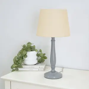 ValueLights Victoria Traditional Grey Wood Candlestick Table Lamp with Beige Tapered Shade