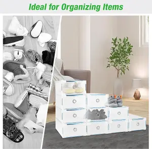 10pcs Clear Shoe Boxes Foldable Shoe Organiser Plastic Shoe Storage Box Transparent Drawer Stackable Storage Cabinet 31 x 20 x 11