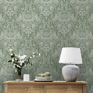 Harlen Woodland Damask Wallpaper Green World of Wallpaper 50342