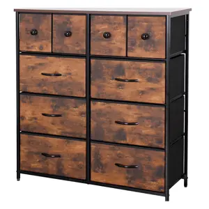 WOODEN Effects Chest Of Drawers With Metal Frame, 10 Large Deep Fabric Drawers Organiser Storage