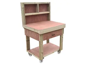 Wooden Eucalyptus hardwood top workbench, tool cabinet with drawer (V.1) (H-90cm, D-70cm, L-90cm) with back and wheels