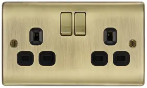 BG Antique Brass Double 13A Switched Socket & Black inserts