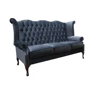 Chesterfield 3 Seater High Back Sofa Amalfi Charcoal Black Velvet Fabric In Queen Anne Style