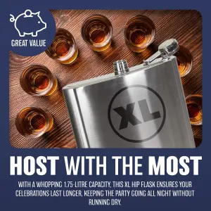 Xl Hip Flask Stainless Steel Whisky 1.7l Whisky Liquor Spirits Vodka Giant Jumbo Gift Set