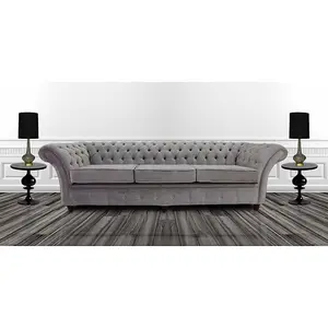 Chesterfield 4 Seater Azzuro Silver Grey Fabric Sofa In Balmoral Style