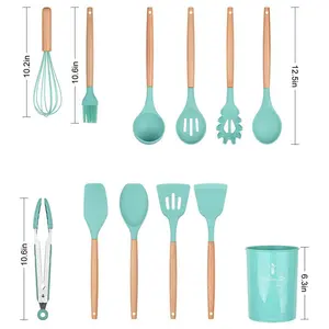 Silicone Cooking Utensils Kitchen Utensil Set, 12 Pieces Natural Wooden Handles Cooking Tool BPA Free Non Toxic Silicone Turner Tongs Spatula Spoon Kitchen Gadgets Utensil Set (Purple) Dark Green