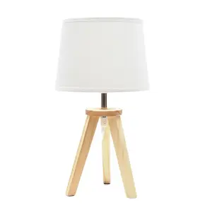 ValueLights Jackson Natural Wood Tripod Table Lamp with Fabric Shade and LED Bulb