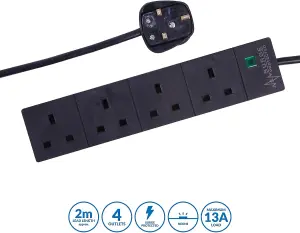 4 Gang 2 Metre Extension Lead UK Pin Plug And Cable  250v Power Adapter Multi Plug Extension Socket Strip For Home And Office