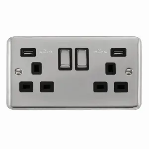 Curved Polished Chrome 2 Gang 13A DP Ingot 2 USB Twin Double Switched Plug Socket - Black Trim - SE Home