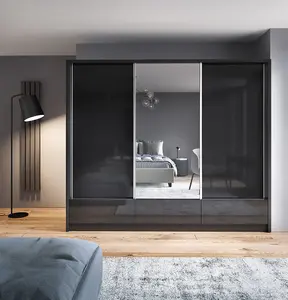 Aria I Sliding Door Wardrobe 254cm in Black Gloss & Matt - Spacious Modern Storage with Mirror and Interior Organisation