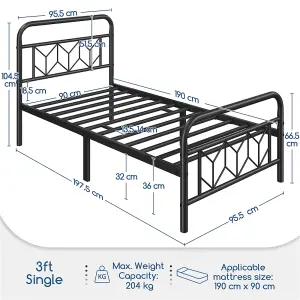 Yaheetech Black 3ft Single Metal Bed Frame with Diamond Pattern Headboard and Footboard