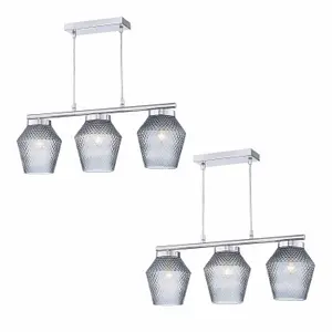 First Choice Lighting Set of 2 Fraser Smoked Textured Glass 3 Light Pendant Bars