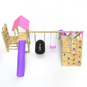 Rebo Wooden Climbing Frame with Vertical Rock Wall, Swing Set and Slide - San Luis+ Pink