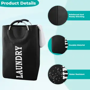 Black Collapsible Laundry Hamper with Handles Foldable Laundry Basket - 43L