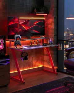 SONGMICS HOME Gaming Desk with LED Lights, Z-Shaped Computer Desk with Monitor Stand, Cup Holder and Headphone Hook