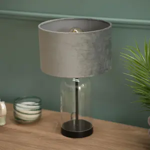 ValueLights Jessy Glass and Black Metal Bedside Table Lamp with a Grey Velvet Lampshade - Bulb Included