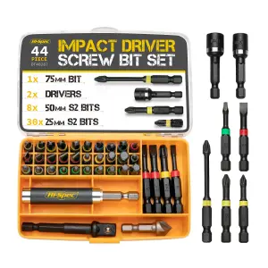 Hi-Spec 44pc Impact Drill Driver Screw Bit Set. 25mm & 50mm S2 Steel. Pozi Driv, Torx, Phillips & Nut Screwdriver Bits