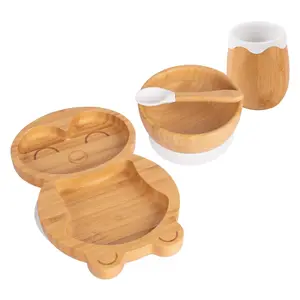 Tiny Dining - Penguin Bamboo Suction Baby Feeding Set - White - 4pc