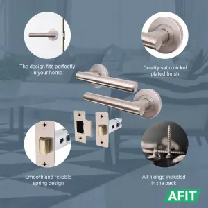 AFIT Satin Nickel Door Handle Latch Set  Round T-Bar Internal Door Handles & Latch (64mm) Satin Lever on Rose Olvera Range