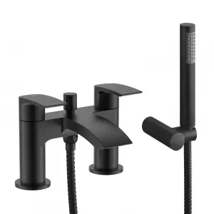 Sleek Matt Black Waterfall Bath Shower Mixer & Basin Mixer Tap Incl Clicker Waste