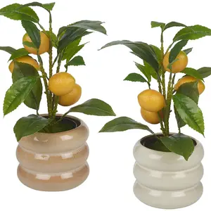 URBNLIVING 39cm Height Artificial Citrus Lemon Fruit Tree & Ceramic Tube Design cream gloss Flower Pot