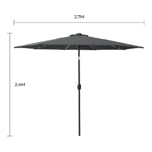 GardenKraft 2.7m Charcoal Grey Outdoor Garden Parasol with 32 Solar LED Lights