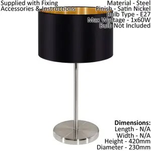 Table Lamp Colour Satin Nickel Steel Shade Black Gold Fabric Bulb E27 1x60W